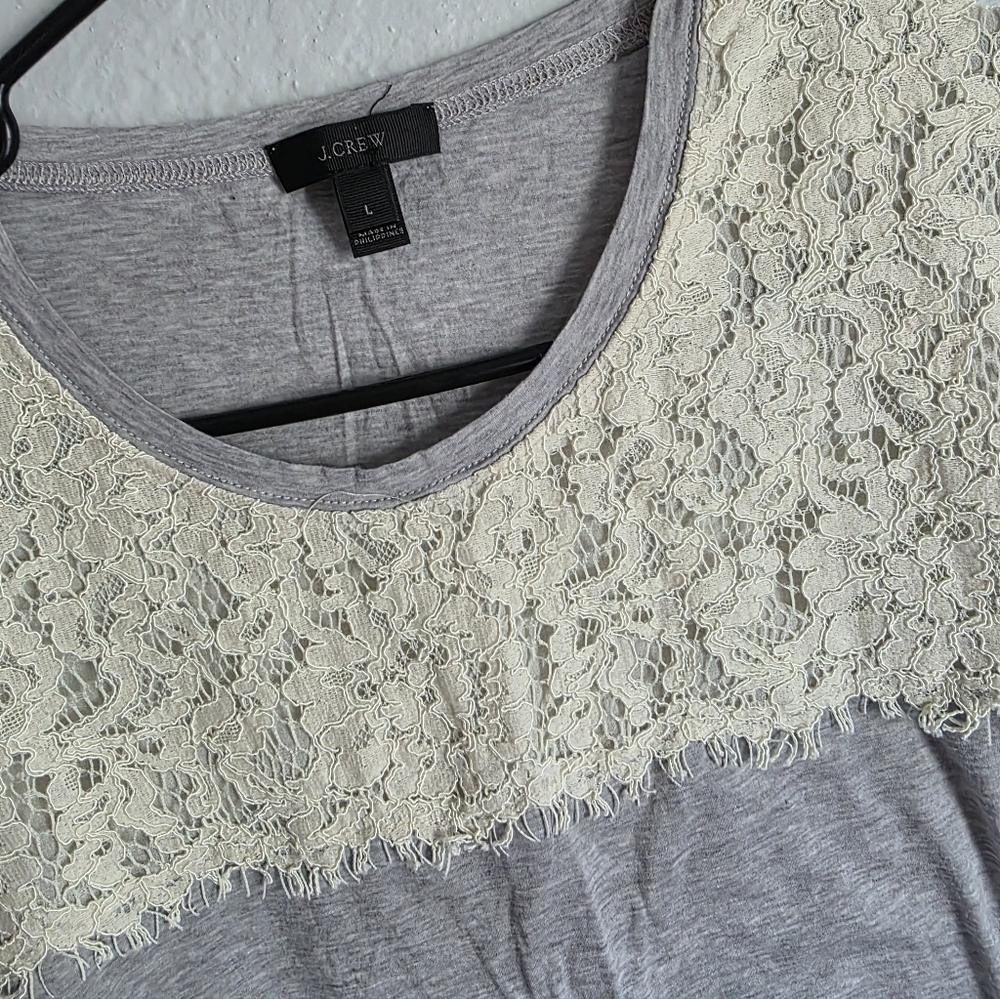 J.Crew Gray Topped with Cream Lace Detail T-shirt L - Picture 4 of 6
